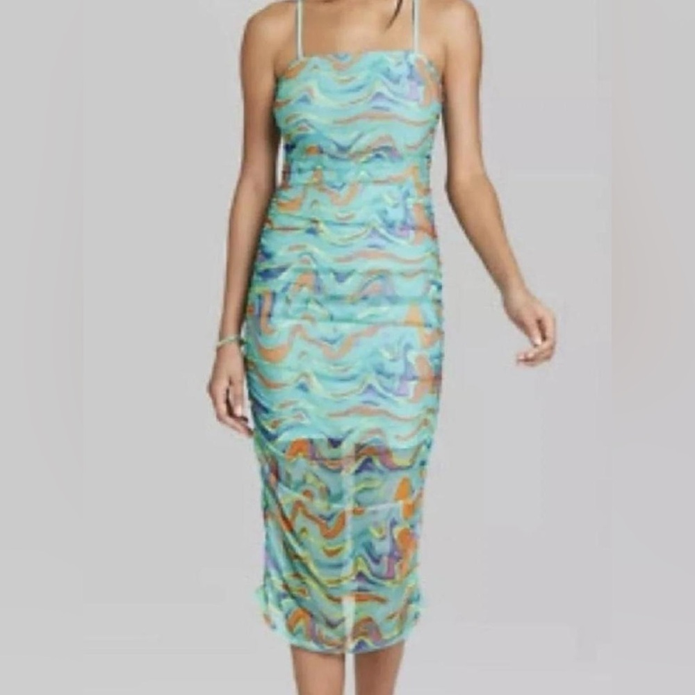 Wild Fable Aqua Blue Wave Print Sleeveless Mesh Midi Dress